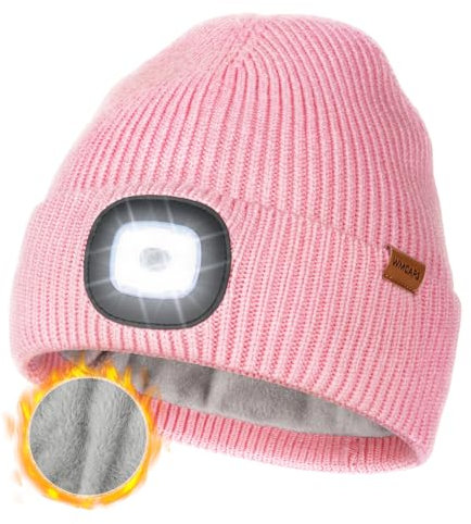 Wmcaps Mütze mit LED Licht, Wintermütze mit Dickem Warmen Futter, Integrierte Beleuchtete Type-C Wiederaufladbare Freisprech-Stirnlampe, Geschenke für Männer Frauen, Rosa