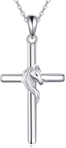 POPLYKE Pferd Kette Kreuz Halskette 925 Sterling Silber Pferd Schmuck Damen Kreuz Anhänger