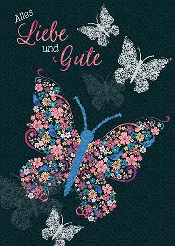 Geburtstagskarte mit Schmetterlingen und Blumen – Vintage Design, Farbenfrohe Glückwunschpostkarte voller Liebe und Freude