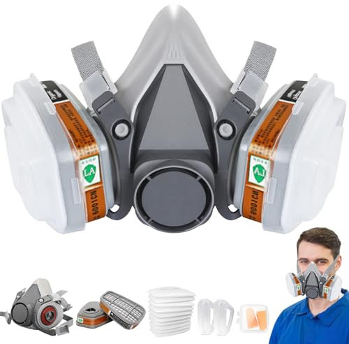 LAMANICE Half Face Respirator with 10Pcs Filter Cottons and Earplug, for Paint, Dust, Formaldehyde, Sawing, Welding, Woodworking, Organic Vapors, Chemicals (Grey)