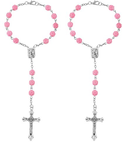 2 Stück Auto Rosenkranz für Rückspiegel, Rosa Auto-Dekor Charms für Frauen Rosenkranz-Anhänger Personalisiert Auto-Kreuz-Hängezubehör für Innenraum Rückspiegel Ornamente Dekoration
