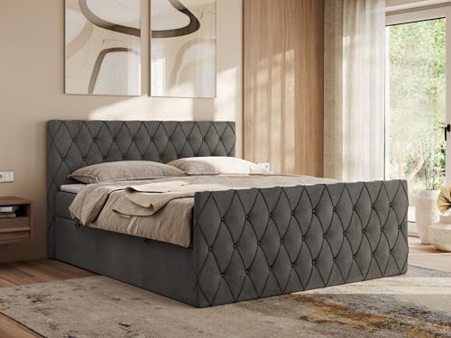 MKS MEBLE Boxspringbett 200x200 mit Bettkasten,Bett mit Matratze H4, Boxspringbett 200x200 mit Topper - Miren Duo - Dunkelgrau Velvet - H4
