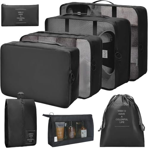 Reise Organizer Set, 8-teilig, Packing Cubes, Kleidertaschen, Packwürfel, Schuhbeutel, Kosmetiktasche (schwarz)