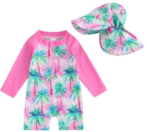 Toddler Baby Girl Swimsuit and Hat Zip Up Long Sleeve All in One Swimming Costume UV Sun Protection Swimwear One Piece Swimming Suit Rash Guard Sunsuit (Palm Trees Bright Rose, 18-24 Months)