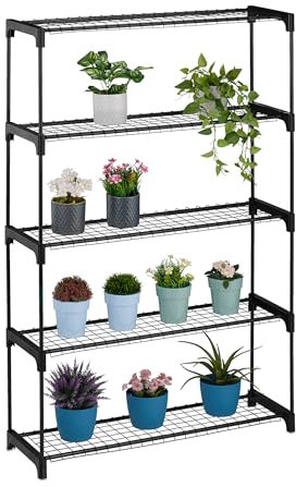 Relaxdays Blumenregal, 5 Ablagen, Blumen- & Pflanzentöpfe, Metall & Kunststoff, HBT: 140x91x28 cm, Kräuterregal, schwarz