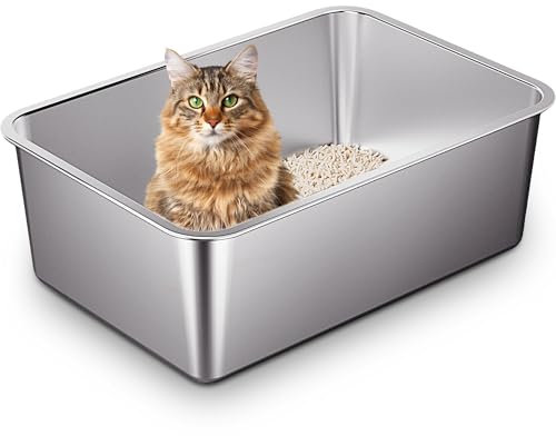 Vealind Stainless Steel Cat Litter Tray Heavy Duty 50L x 35W x10H CM, Metal Non Stick Surface Litter Box for Cats Anti-leakage Easy to Clean Open Top Kitty Litter Pan