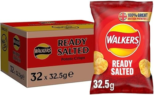Walkers Ready Salted Crisps Multipack – Classic British Potato Chips, 32 x 32.5g Bags