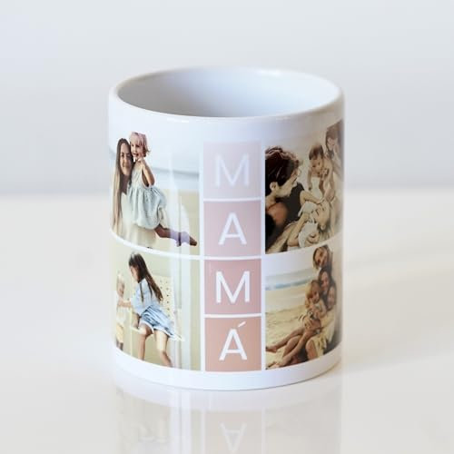 Cristal Plaque Taza Cerámica Personalizada para Mamá con 4 Fotos y Mensaje “MAMÁ” – Acabado Premium, Asa Ergonómica– Regalo Día de la Madre, Cumpleaños y Aniversario