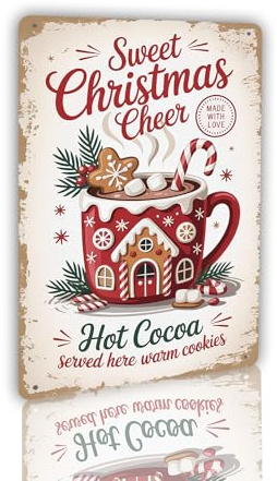 Sweet Christmas Cheer Hot Cocoa Metal Sign Retro Holiday Wall Art for Kitchen Cocoa Bar Warm Drink Station Winter Festive Decor Coffee Shop Display 8x12 inch