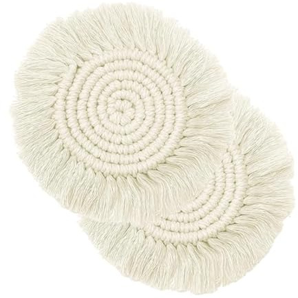 2 handgefertigte Boho-Untersetzer, 100% Baumwolle, gewebt, Makramee, saugfähig, hitzebeständig, für Getränke, Couchtisch, Schreibtisch, Küche, Esszimmer, Einweihungsgeschenk (Weiß)