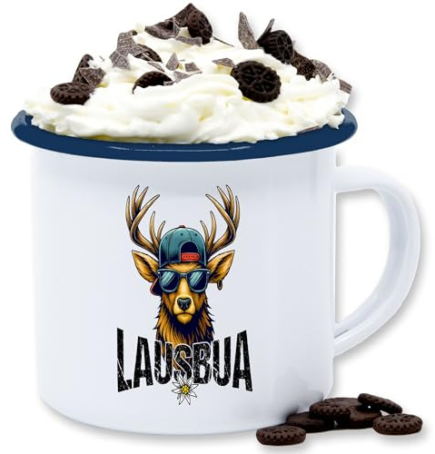 Emaille Tasse Blechtasse - Oktoberfest & Wiesn Tassen - Cooler Hirsch Lausbua I Trachten Motiv Bayrisch I Geschenk Jäger lustig - 300 ml - Weiß Blau - oktoberfest- bayerische