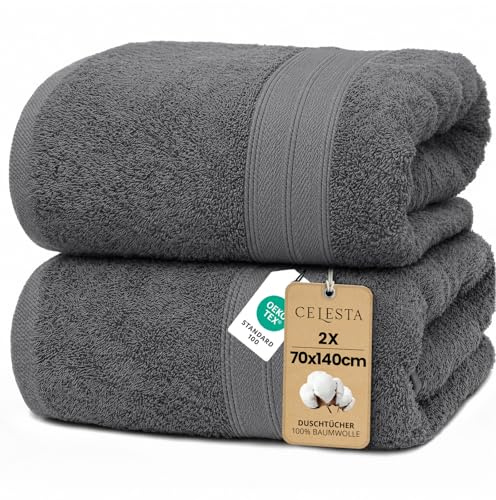 CELESTA Badetücher 70x140 cm, 2er-Set 100% Baumwolle Frottee, Dunkelgrau | OEKO‑TEX zertifiziert, Frottee‑Handtücher aus Baumwolle, weich & saugstark, ideal für Badezimmer, Spa, Gym & Sport
