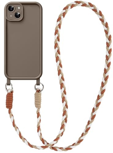 Coiwxmoi Coque pour iPhone 14 Plus 6,7 avec Cordon, Silicone Souple TPU Étui avec Lanyard Réglable Portable pour Femmes Filles, Antichoc Protection de la Caméra Case pour iPhone 14 Plus, Brun