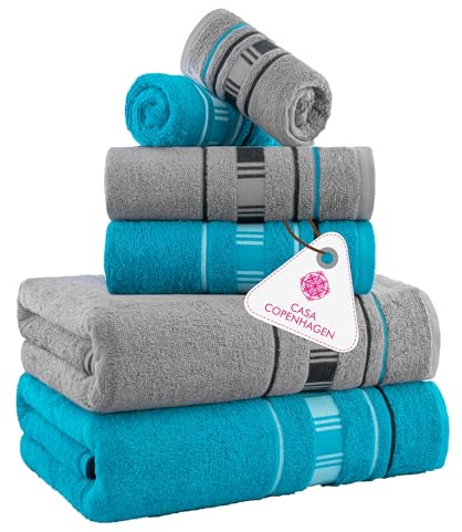 Casa Copenhagen 6-teiliges Badehandtuch-Geschenkset, 600 g/m²,Graues Türkis | X-line 100 % ägyptische Baumwolle – 2 Badetücher, 2 Handtücher, 2 Waschhandschuhe (Geschenkset für Damen & Herren)