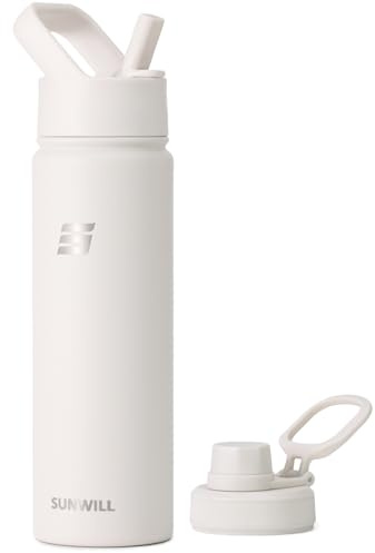 SUNWILL Metal Water Bottle with Straw Stainless Steel, 650ml Insulated Leakproof Thermal Flask for Cold and Hot Drink, Travel, Sports, Gym, Warm Off-White