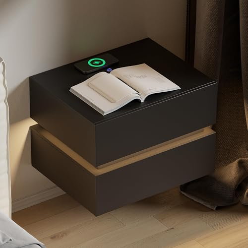 Homary Schwebender Nachttisch mit 2 Schubladen, Lumio Nachttisch wandmontage mit LED-Beleuchtung und Ladestation, ideal als nachttisch hängend im Schlafzimmer in Schwarz