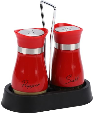 Salt and Pepper Sets, Salt and Pepper Shakers with Holder, Set of 2 Stainless Steel and Glass Bottle Salt Shaker Cellar Dispenser for Kitchen, Cooking, Camping (Red)