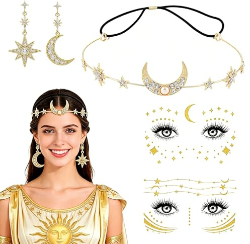 TenaLucy Kopfkette, Ohrringe Damen, Gesichtstattoo, Wahrsagerin Haarkette | Boho Aussage Schmuck Haarschmuck Mädchen, Göttin Mond Sterne Haarschmuck Gold für Hochzeit Festival Party