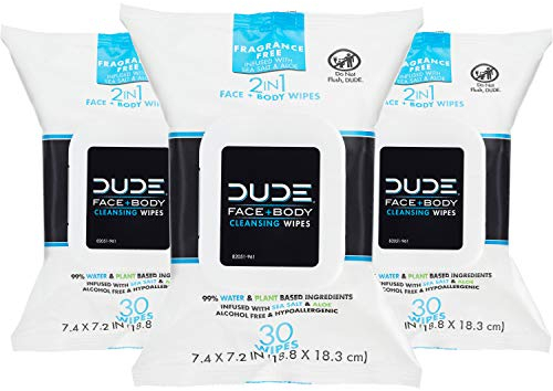 DUDE Face & Body Wipes (3 Packs, 30 Wipes Each) Unscented for Sensitive Skin Infused with Refreshing Sea Salt & Soothing Aloe, Moisturizing Face Cleansing Cloths for Men