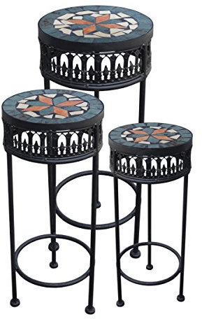 PrimoLiving Elegantes Mosaik Blumenhocker-Set Rund – 3er Set Metall mit Stein Mosaik Tischplatte Beistelltisch Blumenständer Pflanzenständer Schwarz