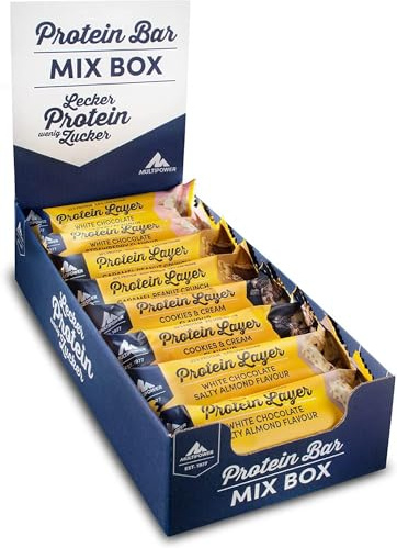 Multipower Protein Layer Mix Box (18 x 50g Eiweißriegel Mix Box (900g), Fitnessriegel mit 30% Protein, Proteinriegel als Sport-Snack, kalorienarmer Eiweißriegel