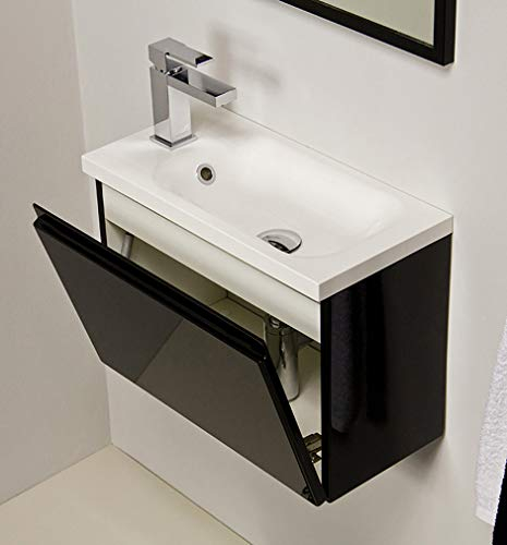 Quentis Badmöbel | Gäste-WC Möbel FAROS, Breite 50 cm, Waschplatzset 2-teilig, Waschbecken und Unterschrank, Waschbeckenunterschrank montiert (schwarz glänzend)