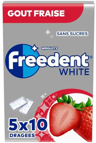 FREEDENT WHITE - Chewing Gum Sans Sucre - Goût Fraise - 5 Paquets de 10 Dragées - 70g