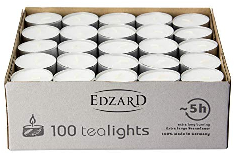 EDZARD Lot de 100 bougies chauffe-plat, blanc, sans parfum, coque en tôle