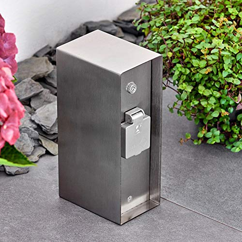 Außensteckdose Abilene, Gartensteckdose aus Metall in Edelstahl mit Tag/Nacht-Sensor und 3 Steckdosen mit Klappdeckeln zur Festinstallation, Mehrfachsteckdose für draußen, IP 44
