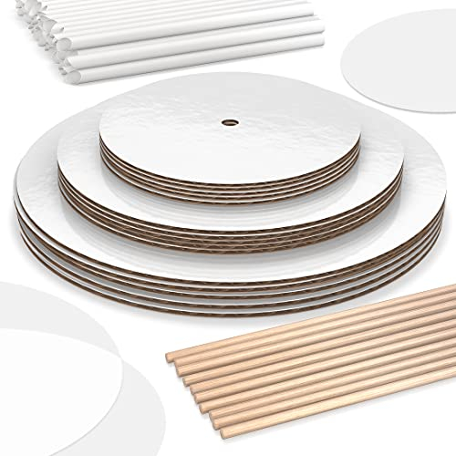 BLUSHORE Cake Boards Tiering Kit - Cake Board 10 Inch, 8 Inch, and 6 Inch (5 Pcs Each) Parchment Paper Rounds, Wooden Dowels, and Straw Dowels - Cardboard Cake Rounds Stacking Kit [130 Pcs]