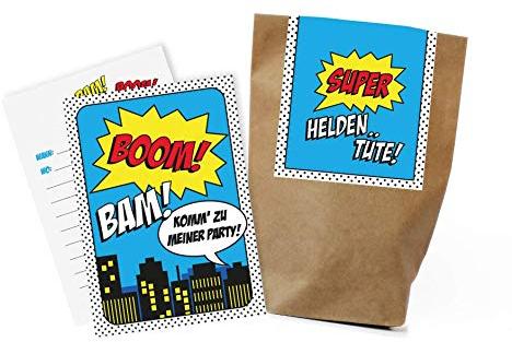 12x Superhelden Einladungskarten + Partytüten - Set / Superhelden Party Einladungskarten Superhelden Kindergeburtstag Partytüten Kindergeburtstag Superhelden Partytüten Kindergeburtstag Einladungen