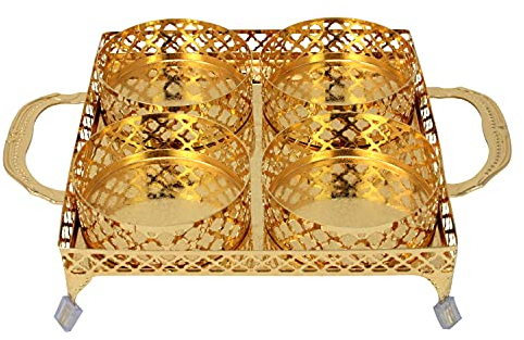 Sov Gold Serving Tray with 4 Bowls & Handles Paandan Rectangle Decorative Mirror Polished Chrome Plated Engraved Centrepiece Appetizer Nuts Dry Fruit Snacks Sweets Party Serving Tray (HCH061)