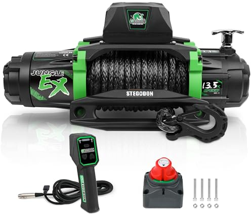 STEGODON Cabrestante de 12000 libras, cabrestante eléctrico impermeable de cuerda sintética, cabrestante todoterreno con control remoto inalámbrico 2 en 1 para remolcar Jeep Truck Off Road (Jungle EX)