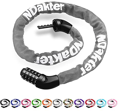 NDakter Fahrradschloss mit Zahlencode und hoher Sicherheitsstufe, (100cm*6mm) Fahrrad KettenSchloss mit 5-Stellig Zahlencode, Kette aus gehärtetem Stahl für Fahrrad Roller, grau