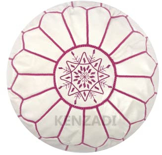 KENZADI Ottoman-Sitzsack, echtes Leder, handgenäht in Marrakech von marokkanischen Kunsthandwerkern, Fußhocker, ungefüllt (Weiß von Pink)