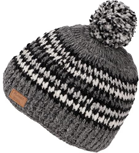 GURU SHOP Bommelmütze aus Nepal, Mütze aus Schurwolle, Wintermütze - Grau/weiß, Herren/Damen, Synthetisch