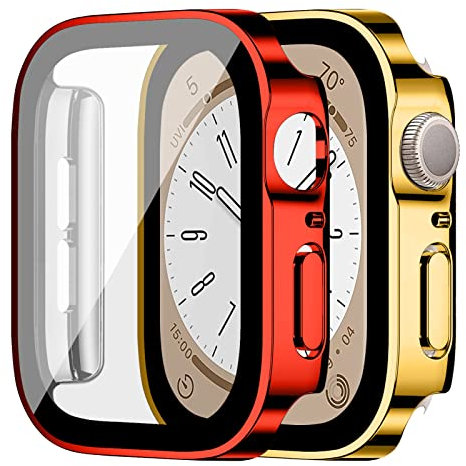SOLOLUP Carcasa para Apple Watch Serie 6/5/4/SE 44mm, Scratch -Sistant y HD Clear PC Housing con Protección de Pantalla para la Serie iWatch 8 7 6 SE 5 4 [2 Pack], Rojo+Dorado