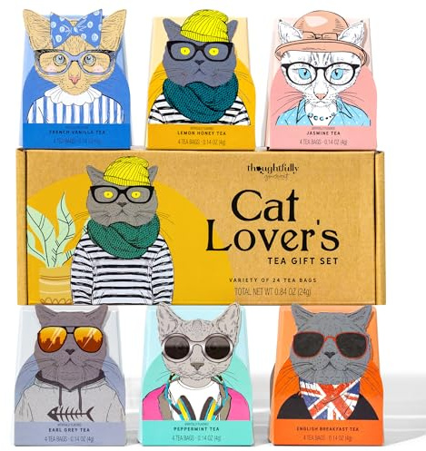 Thoughtfully Set de Té Gourmet para amantes de los gatos - 24 bolsitas | 24 bolsitas de té en 6 variedades con ilustraciones de gatos y frases divertidas - regalo para dueños de gatos