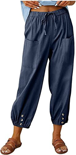 ASKSA Pantalon 7/8 Femme Été Lin Ample Longueur Pants Cordon pour Décontracté à Jambes Léger en avec Poches (Bleu Marine,XL)