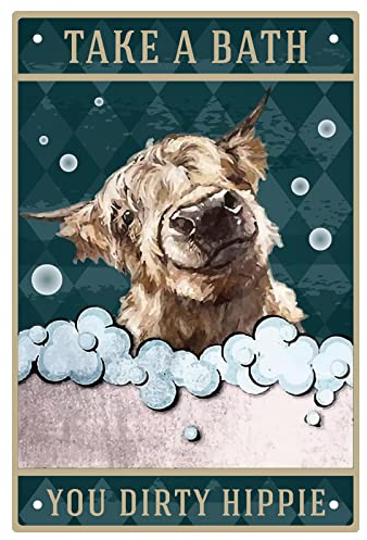 CREATCABIN Lustiges Metall-Blechschild Badezimmer-Kuh Take A Bath You Schmutziges Hippie-Badezimmer-Poster Schilder Mit Zitaten Retro-Wandbehang Dekoration Ornamente Für Zuhause Schlafzimmer 20x30cm