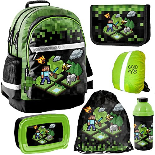 Schulranzen Set Game Pixel ergonomischer Ranzen Federmappe Turnbeutel Brotdose Trinkflasche Regenschutz für die Grundschule 6er Set. Geeignet ab der ersten Klasse der Grundschule.