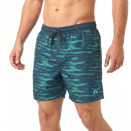 RIPT Men’s Quick Dry Swim Shorts with Mesh Lining Drawstring Waist UV50 Sun Protection Beach & Swimming Trunks (Blue/Green Tie Dye, L)