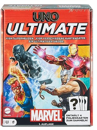 UNO Ultimate Marvel - Kartenspiel, Superhelden-Design, Captain Marvel, Iron Man, Black Panther, Thor, Spezialregeln, Gefahrenkarten, Sammelfolienkarten, ab 7 Jahren, HVM25