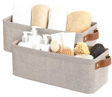 StorageWorks Slim Storage Boxes, Long Storage Baskets for Wardrobe Shelves, Narrow Storage Boxes with Handles and Metal Frame, Decorative Shelf Bins for Organising Entryway Counter, Brown, 2-Pack