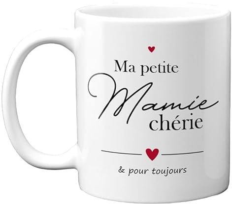 DECOHO - Mug Ma Petite Mamie Chérie - Mug céramique blanc - Message tendre, anse ergonomique - 33 cL, imprimé en France - Blanc