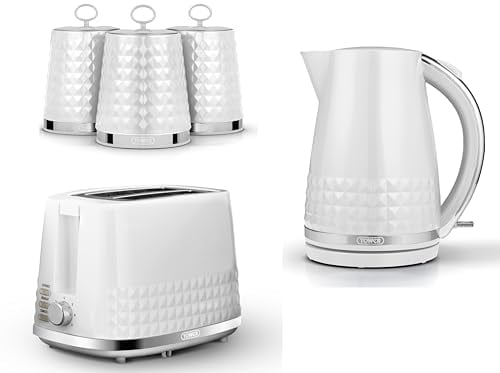 tower Tower Solitaire White 1.5L 3KW Jug Kettle, 2 Slice Toaster & Tea, Coffee, Sugar Canisters. Matching Contemporary Design Kitchen Set in White