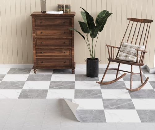 Oxdigi PVC Bodenbelag Selbstklebende 6 m², Marmoroptik Vinylboden Bodenfliesen für Eingangstür, Wohnzimmer, Küche, Abstellraum, Zuschneidbar Vinyl-Fußböden 0,6 x 10 m Grau Weiß Schachbrettmuste
