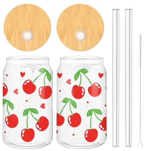 Whaline 2 Pack Cherry Iced Coffee Cup Red Cherry Flower Heart Drinking Glasses Cute Beer Can Glass with Lid Straw Cleaning Brush for Home Office Women Gifts,16oz