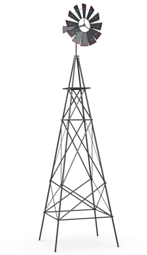COSTWAY Windrad, Höhe 253 cm, wetterfeste Windmühle aus Metall, Gartendeko für Garten, Hof & Bauernhof (Grau)