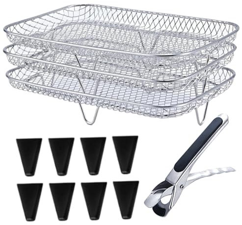 Wedhapy Airfryer Gestell lebensmittelechter Edelstahl 3 lagiges stapelbares Airfryer Regal mit 8 Silikonfüßen 1 Pinzette und 1 Bürste für Backofen Presskocher rechteckig